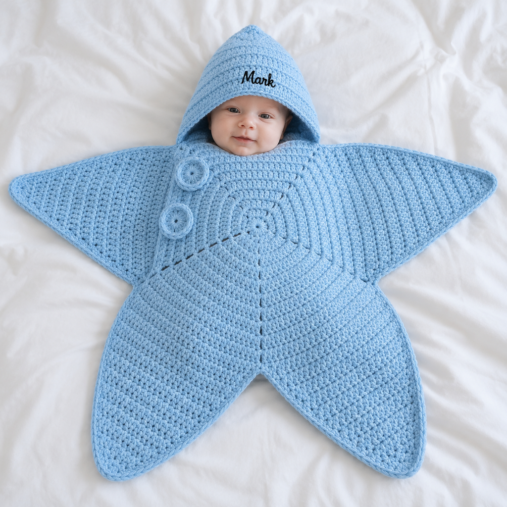 Personalized Crochet Star Baby Cocoon with Hood, Custom Name Newborn Swaddle, Baby Shower Gift