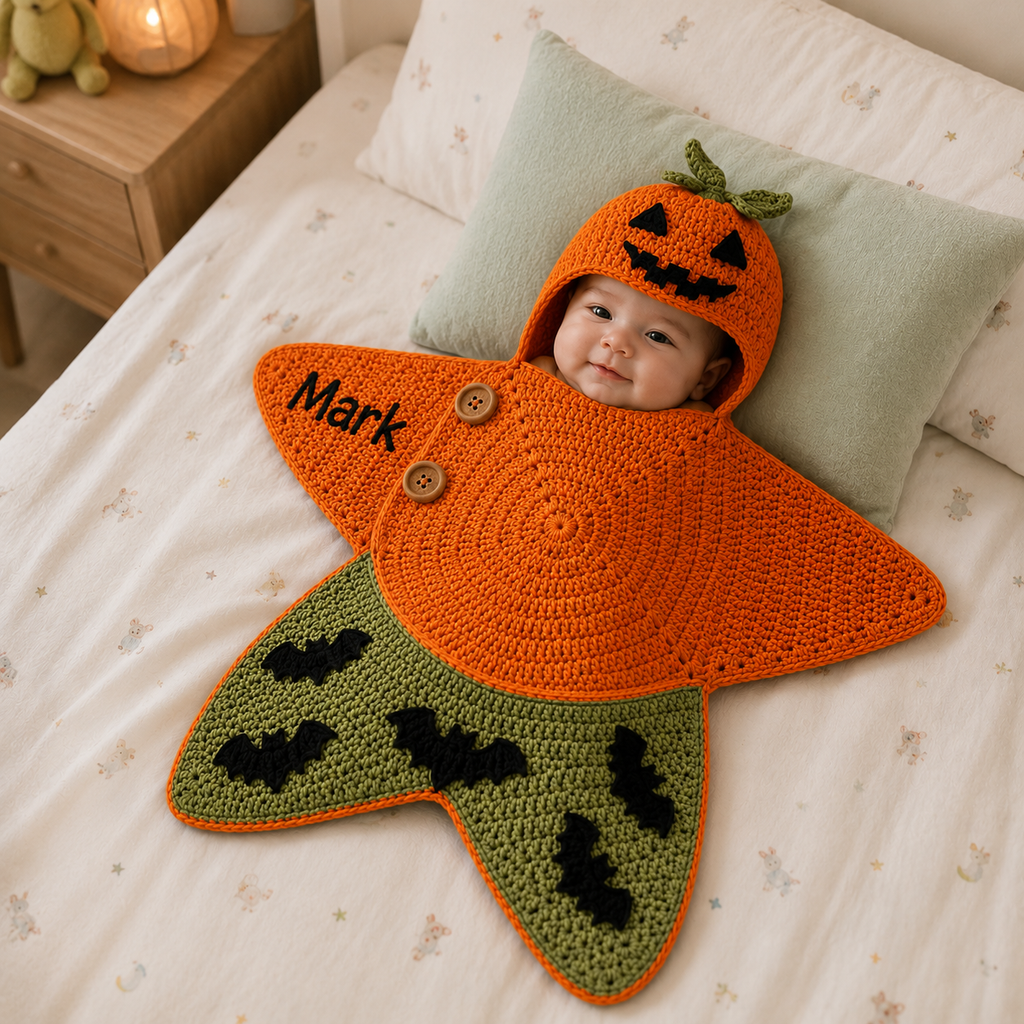 Personalized Crochet Star Baby Cocoon, Halloween Pumpkin Newborn Swaddle, Hooded Baby Sleep Sack