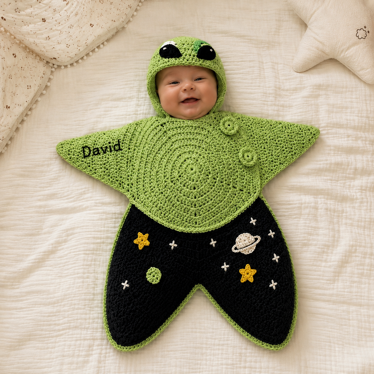 Personalized Crochet Star Baby Cocoon, Frog Space Newborn Swaddle, Hooded Infant Sleep Sack