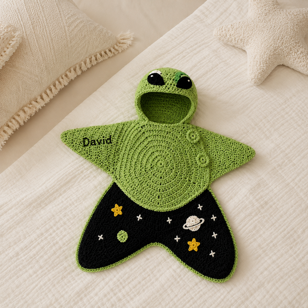 Personalized Crochet Star Baby Cocoon, Frog Space Newborn Swaddle, Hooded Infant Sleep Sack
