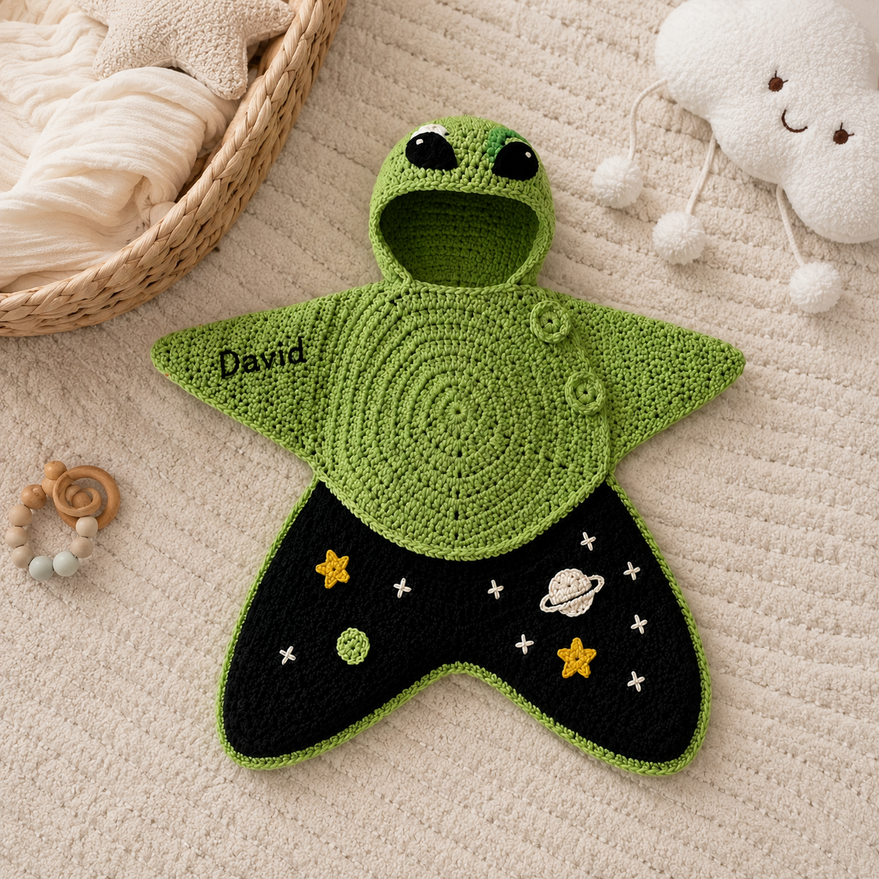 Personalized Crochet Star Baby Cocoon, Frog Space Newborn Swaddle, Hooded Infant Sleep Sack