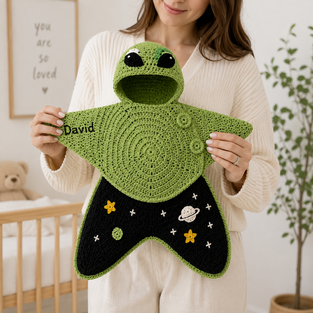 Personalized Crochet Star Baby Cocoon, Frog Space Newborn Swaddle, Hooded Infant Sleep Sack