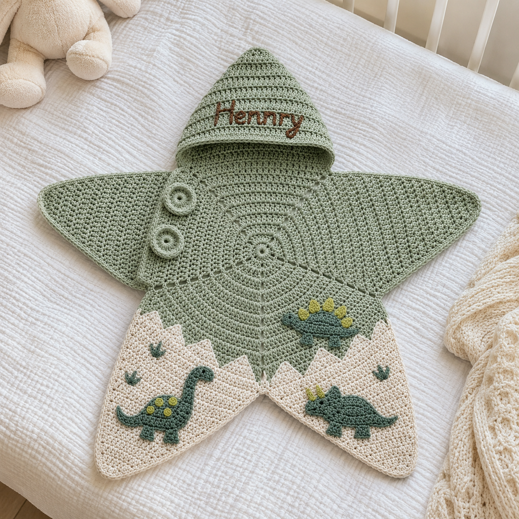Personalized Crochet Star Baby Cocoon, Dinosaur Newborn Swaddle, Hooded Baby Sleep Sack