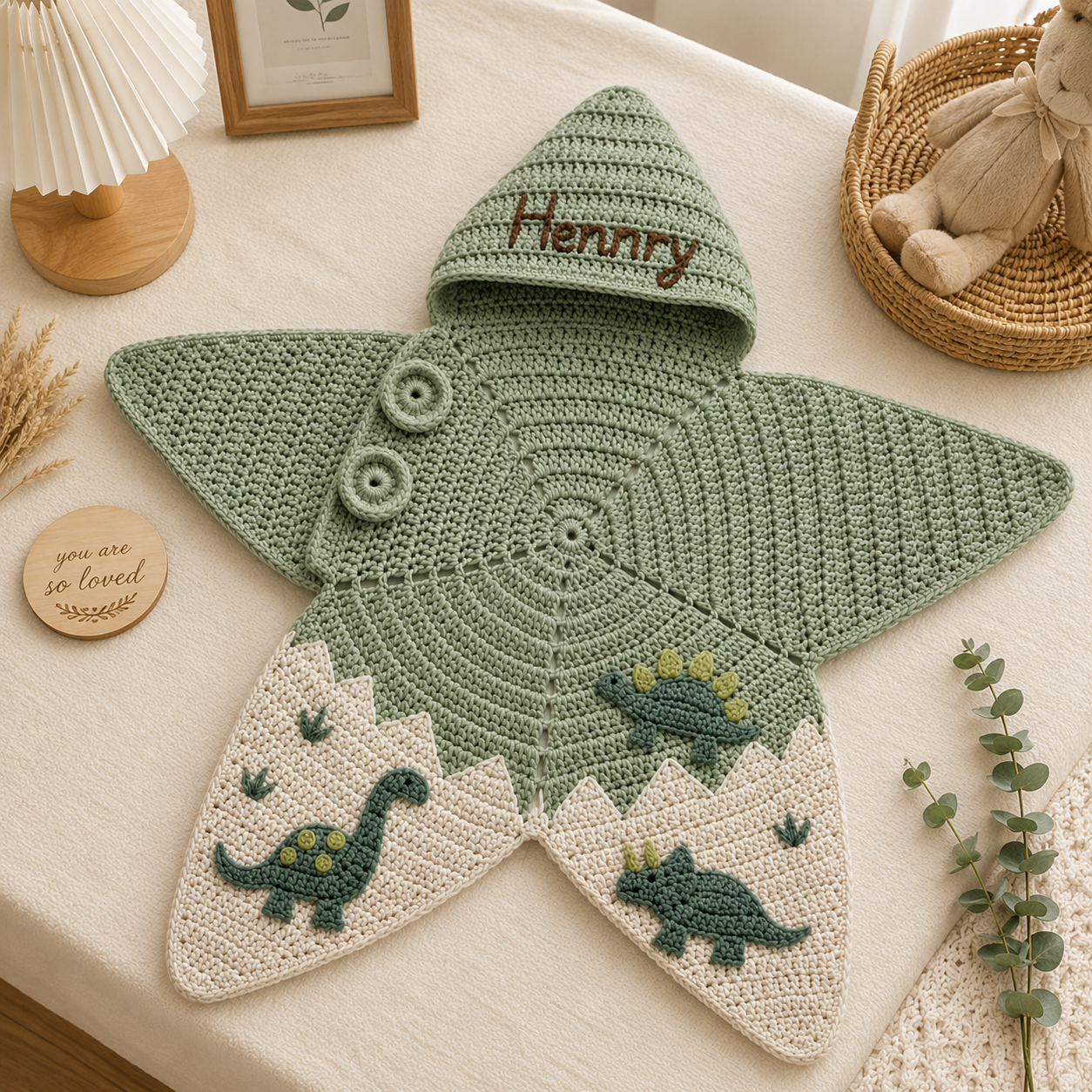 Personalized Crochet Star Baby Cocoon, Dinosaur Newborn Swaddle, Hooded Baby Sleep Sack