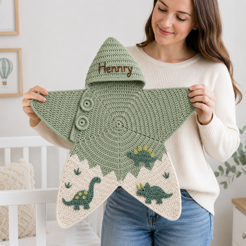 Personalized Crochet Star Baby Cocoon, Dinosaur Newborn Swaddle, Hooded Baby Sleep Sack
