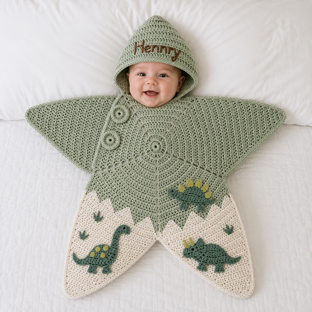 Personalized Crochet Star Baby Cocoon, Dinosaur Newborn Swaddle, Hooded Baby Sleep Sack
