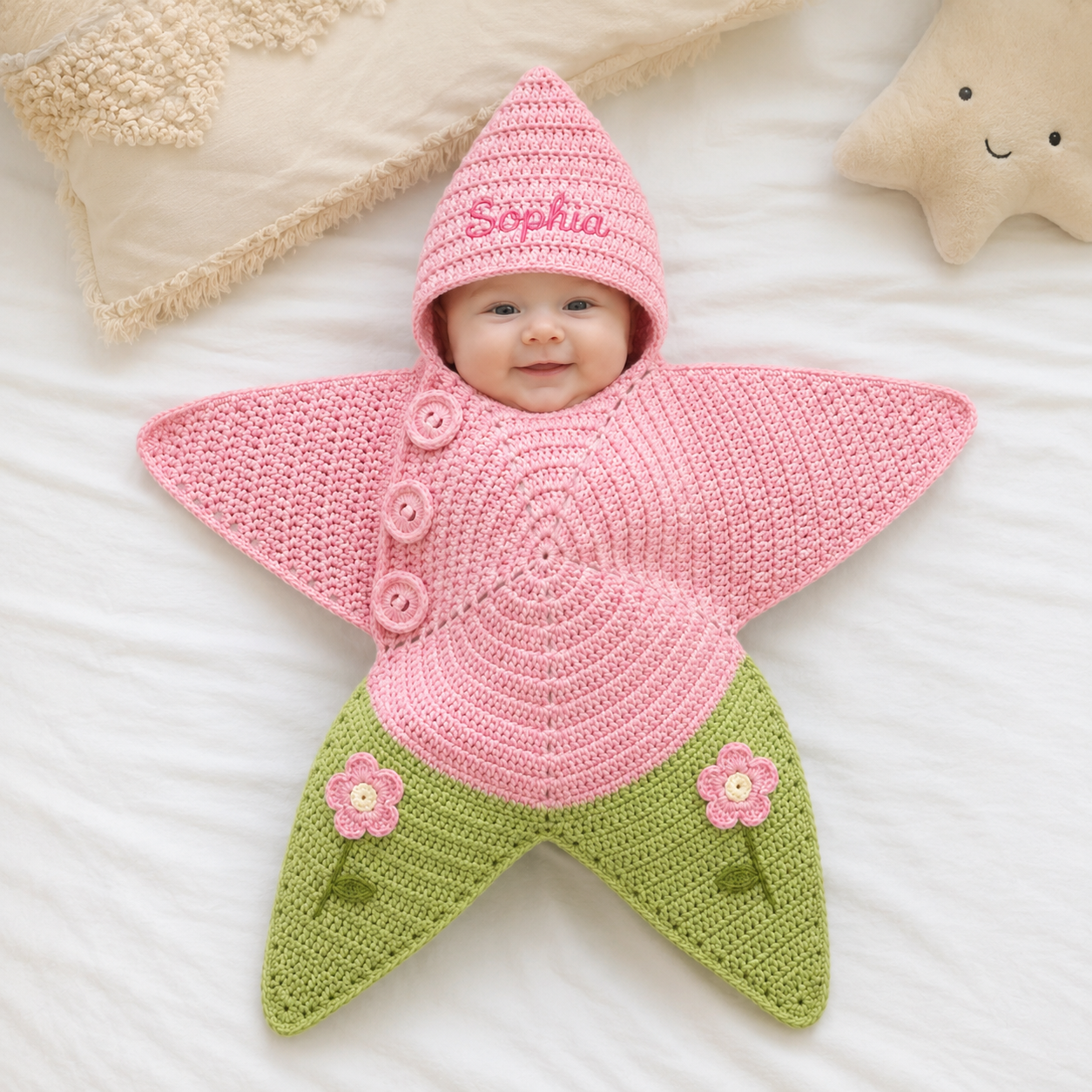 Personalized Crochet Star Baby Cocoon, Floral Newborn Swaddle, Custom Name Baby Girl Gift