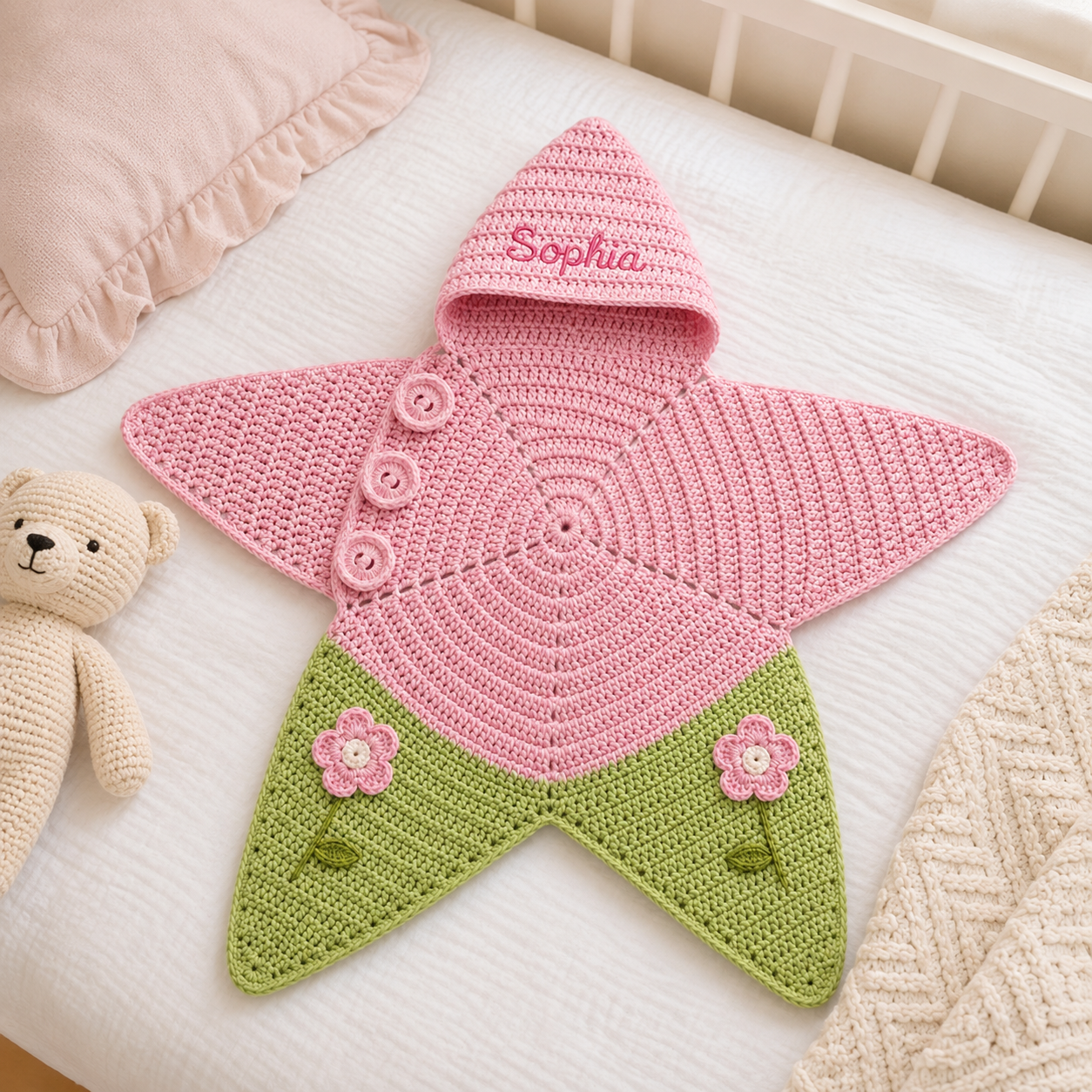 Personalized Crochet Star Baby Cocoon, Floral Newborn Swaddle, Custom Name Baby Girl Gift
