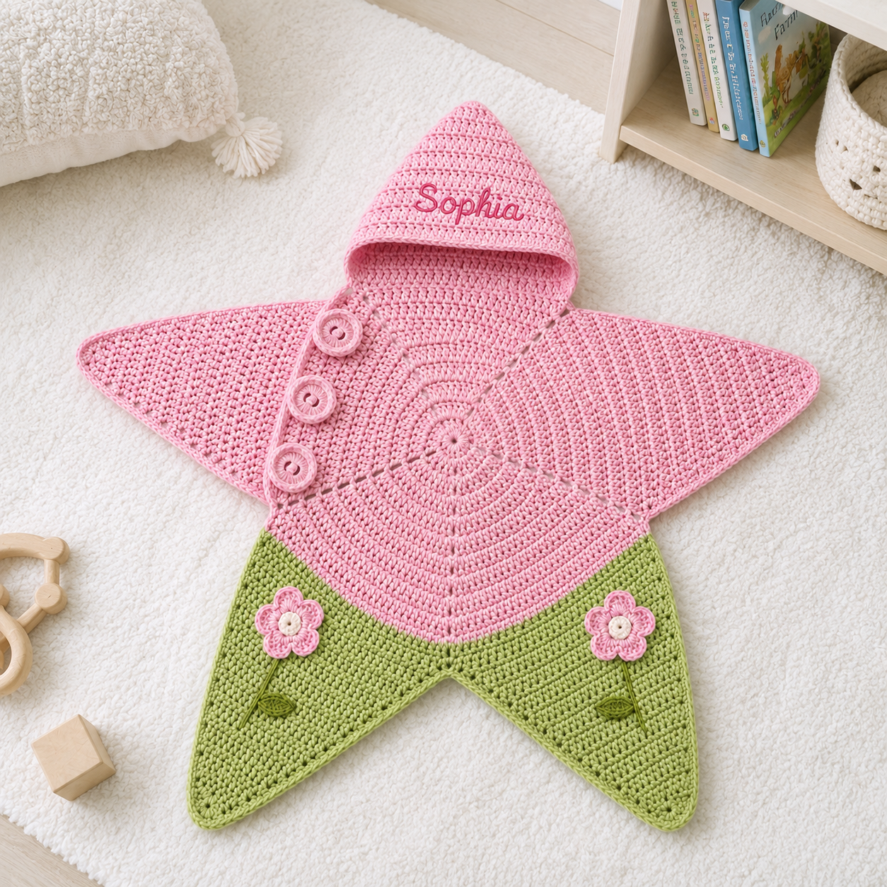 Personalized Crochet Star Baby Cocoon, Floral Newborn Swaddle, Custom Name Baby Girl Gift