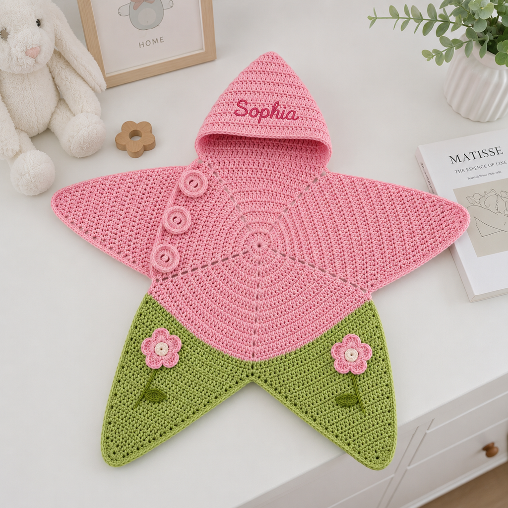 Personalized Crochet Star Baby Cocoon, Floral Newborn Swaddle, Custom Name Baby Girl Gift