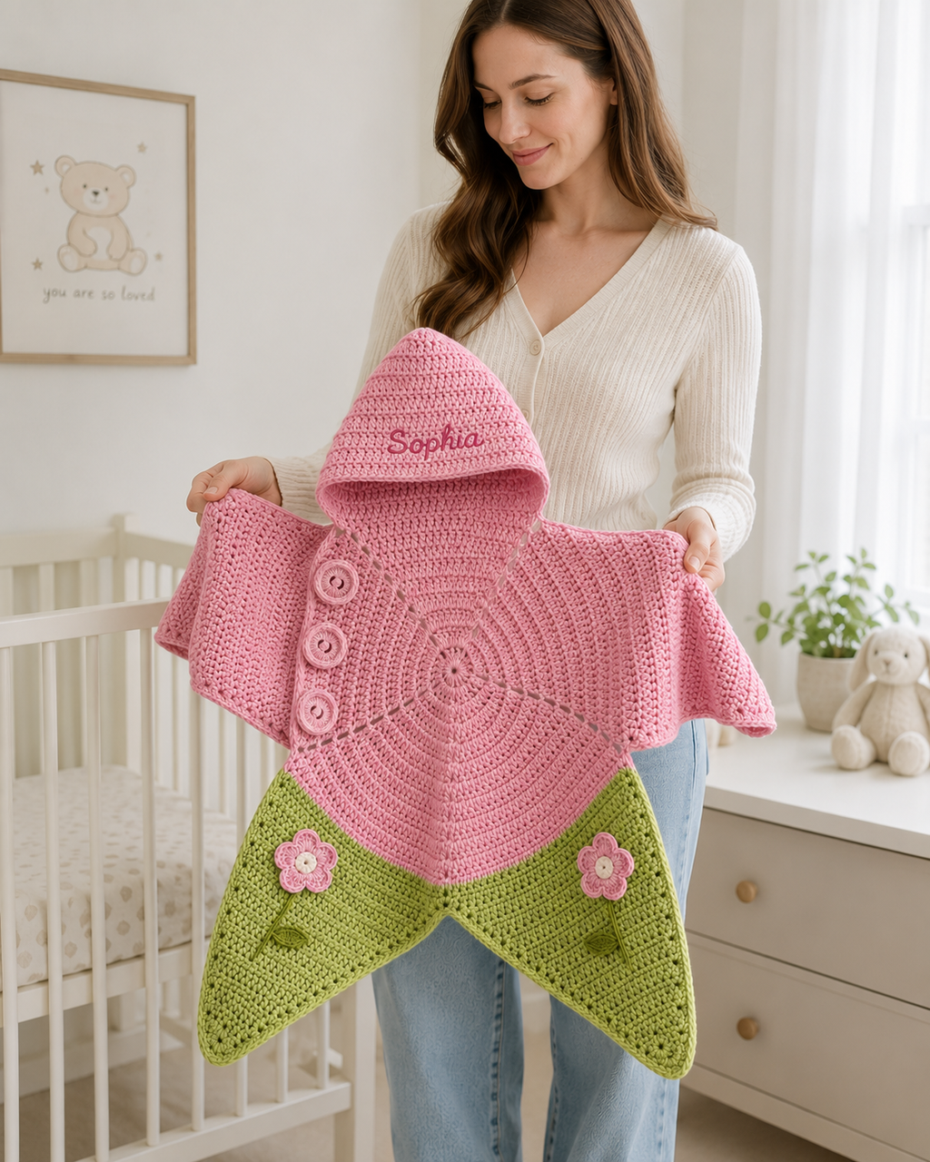 Personalized Crochet Star Baby Cocoon, Floral Newborn Swaddle, Custom Name Baby Girl Gift