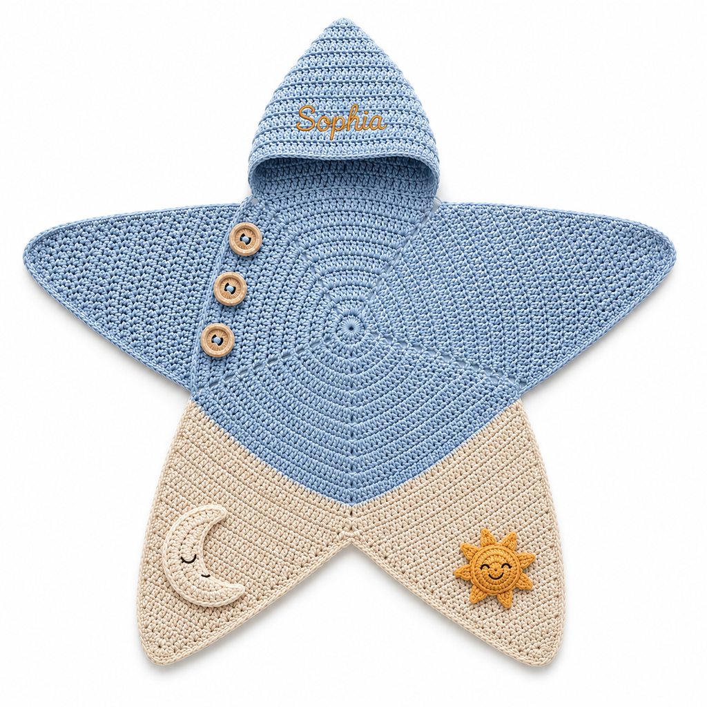 Personalized Crochet Star Baby Cocoon, Moon and Sun Newborn Swaddle, Hooded Baby Blanket