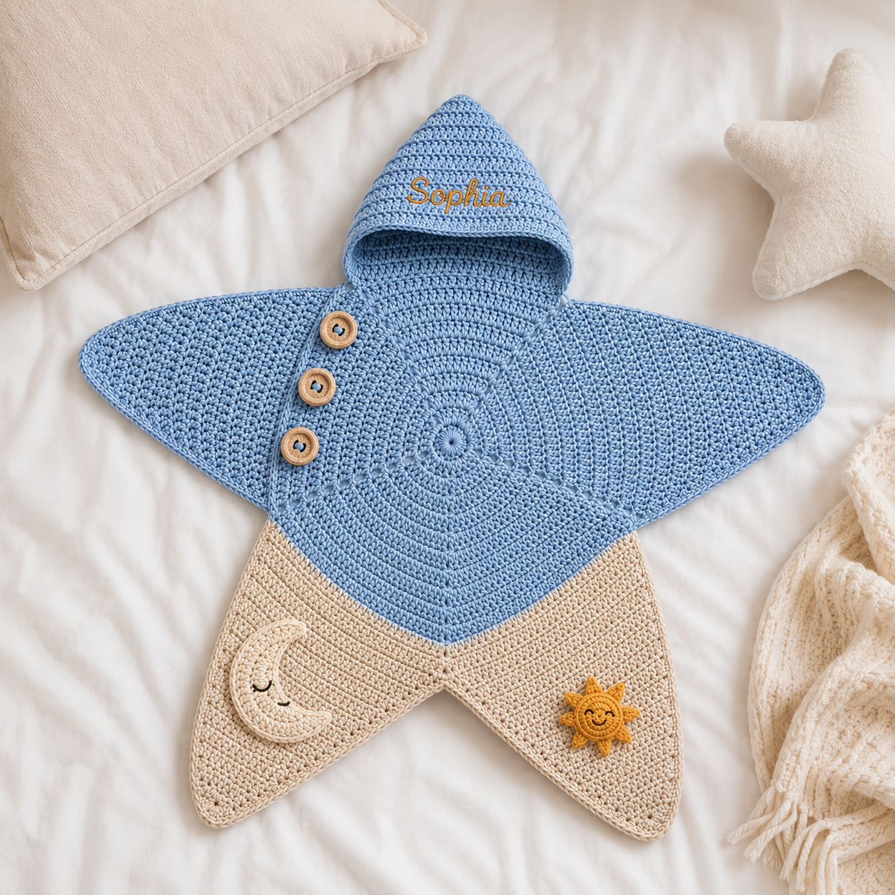 Personalized Crochet Star Baby Cocoon, Moon and Sun Newborn Swaddle, Hooded Baby Blanket