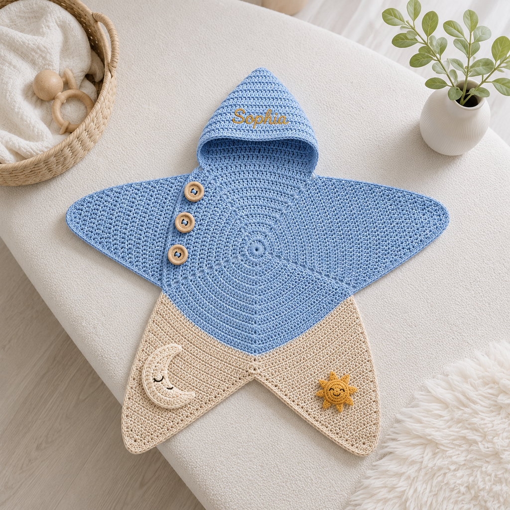 Personalized Crochet Star Baby Cocoon, Moon and Sun Newborn Swaddle, Hooded Baby Blanket