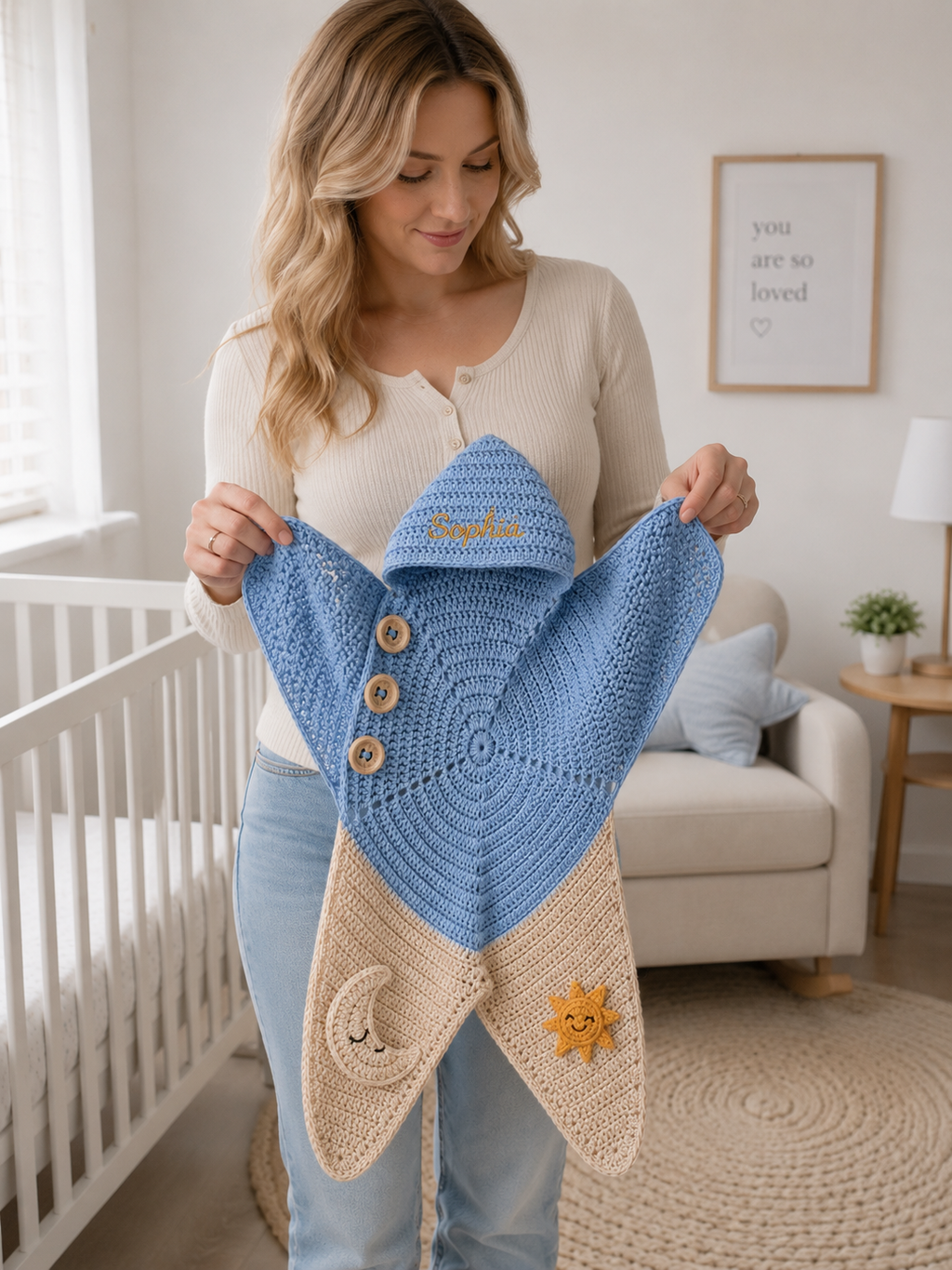 Personalized Crochet Star Baby Cocoon, Moon and Sun Newborn Swaddle, Hooded Baby Blanket