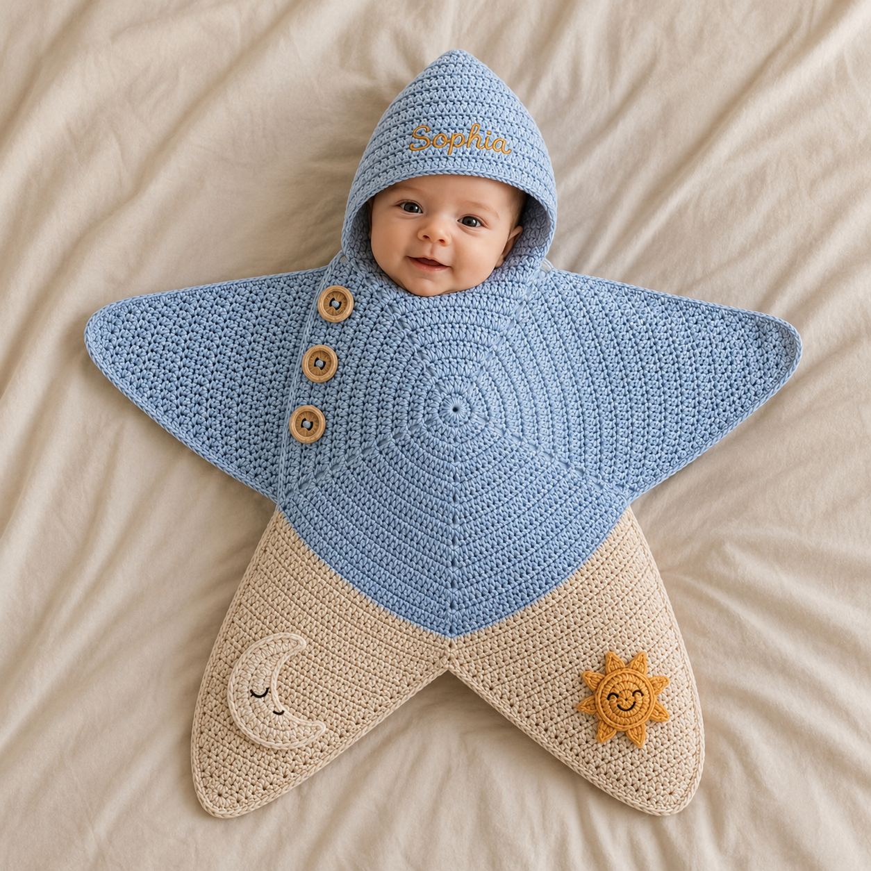 Personalized Crochet Star Baby Cocoon, Moon and Sun Newborn Swaddle, Hooded Baby Blanket