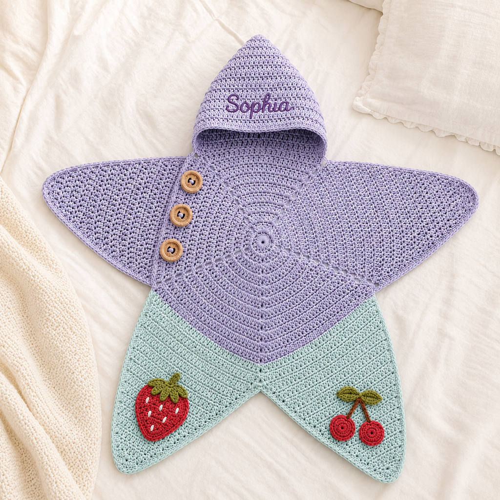 Personalized Crochet Star Baby Cocoon, Custom Name Newborn Swaddle, Strawberry Cherry Baby Shower Gift
