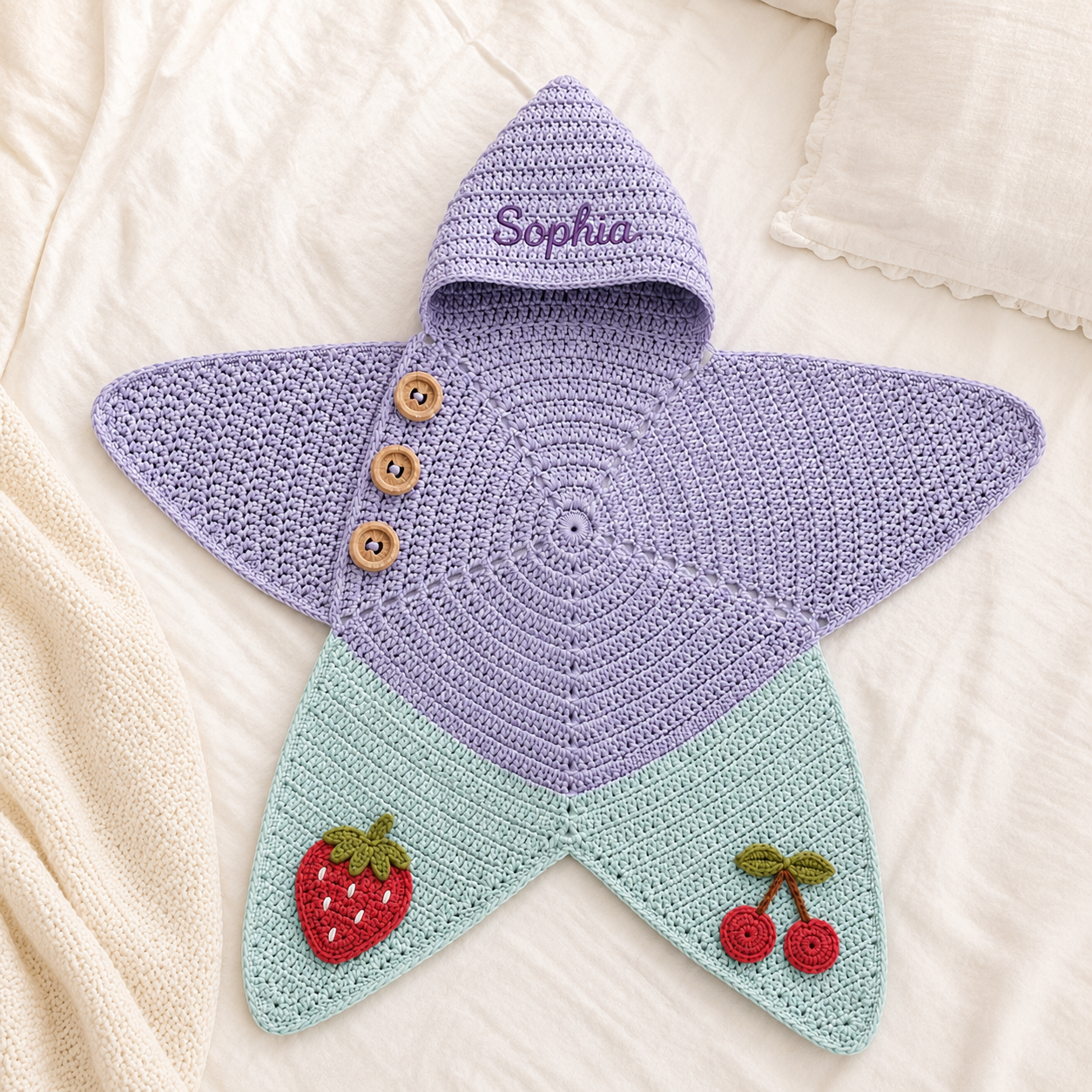 Personalized Crochet Star Baby Cocoon, Custom Name Newborn Swaddle, Strawberry Cherry Baby Shower Gift