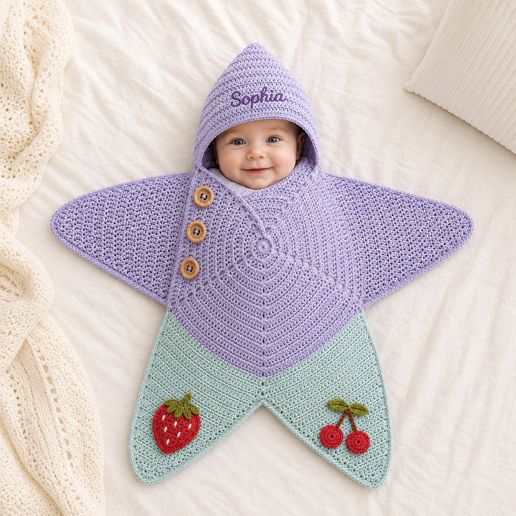 Personalized Crochet Star Baby Cocoon, Custom Name Newborn Swaddle, Strawberry Cherry Baby Shower Gift