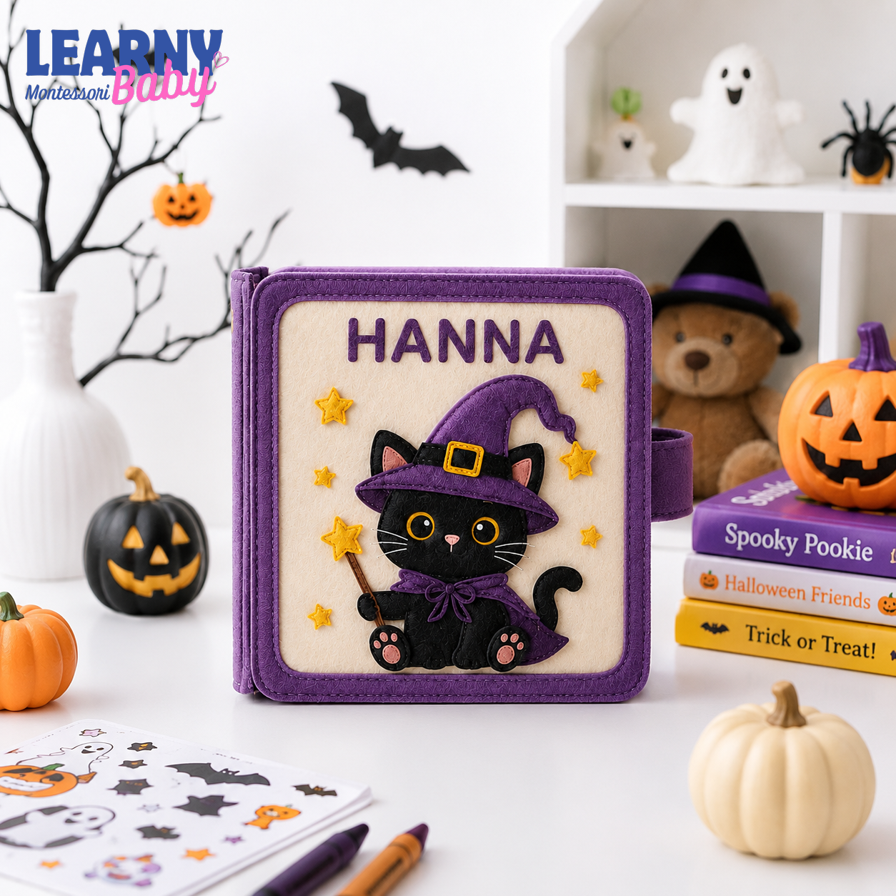 Personalized Halloween Busy Book – Black Cat Witch Quiet Book for Babies & Toddlers, Soft Sensory Activity Book QBLB81