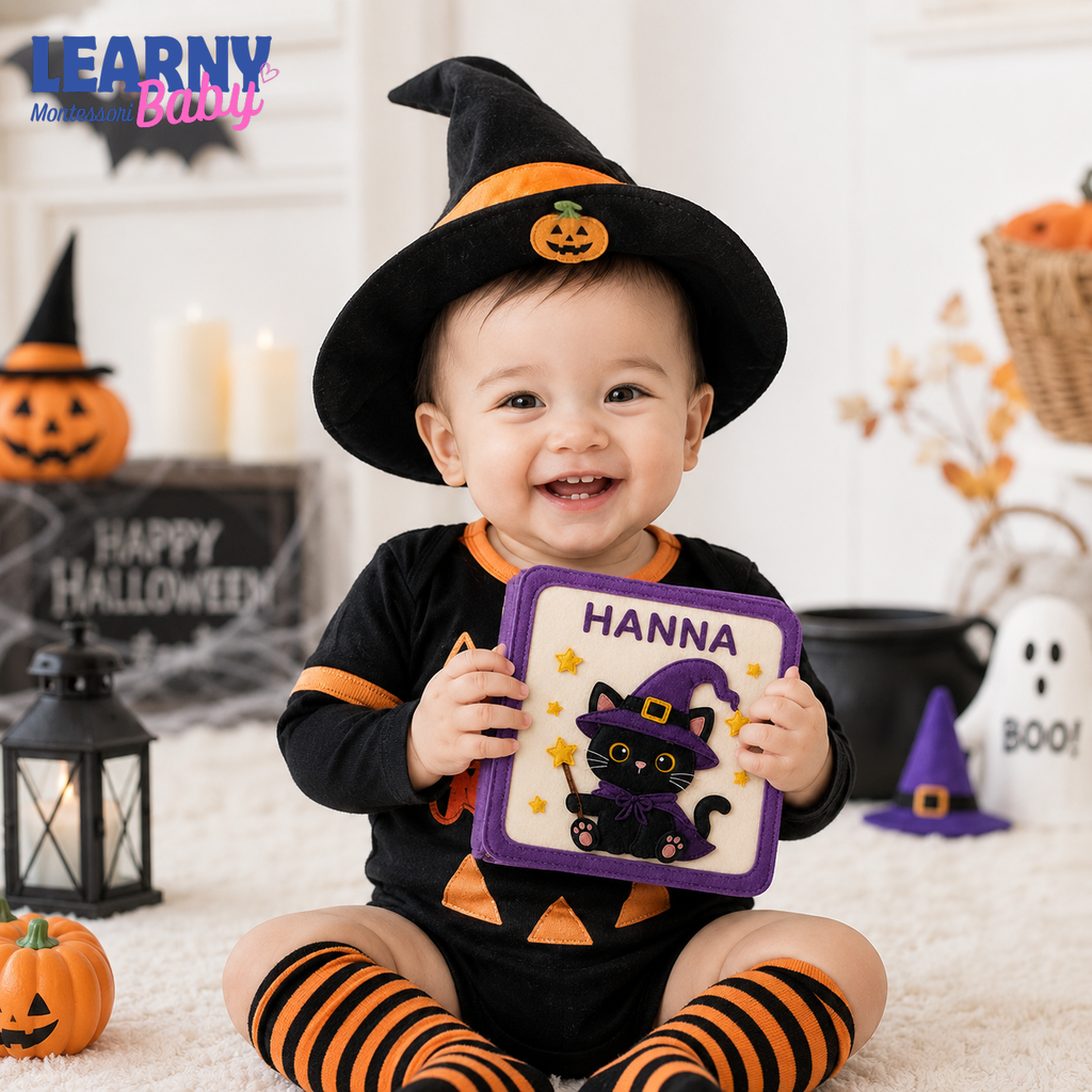 Personalized Halloween Busy Book – Black Cat Witch Quiet Book for Babies & Toddlers, Soft Sensory Activity Book QBLB81