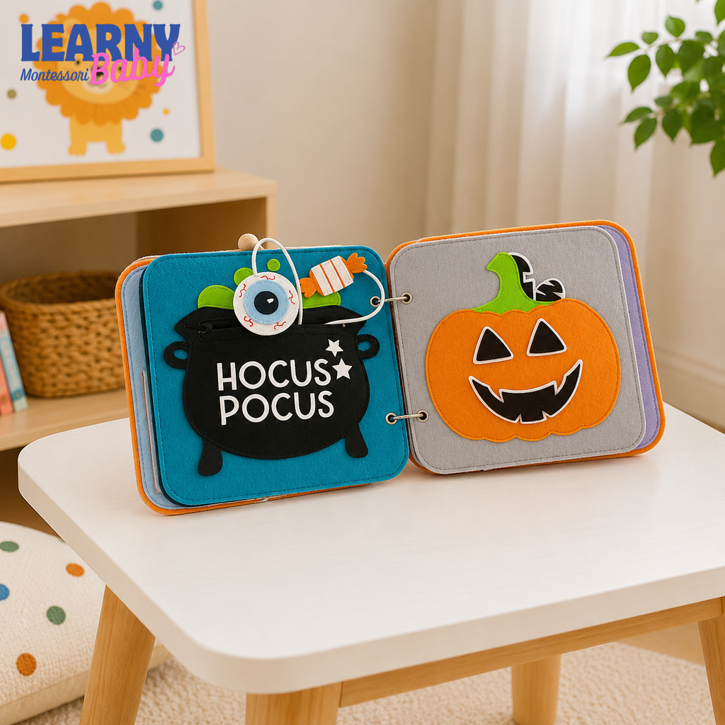 Personalized Halloween Busy Book – Black Cat Witch Quiet Book for Babies & Toddlers, Soft Sensory Activity Book QBLB81