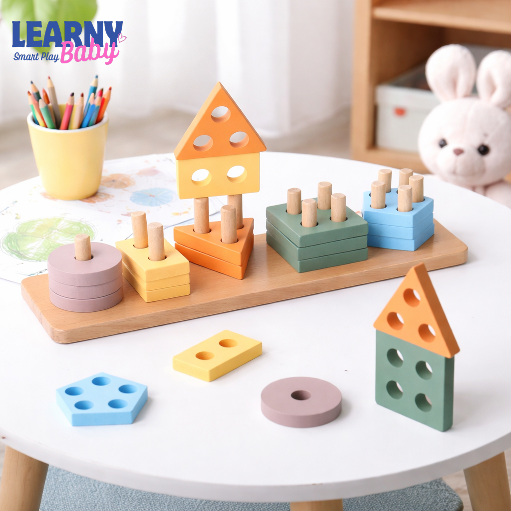 Montessori Wooden Sorting & Stacking Toy, Shape Sorter Puzzle for Toddlers, Color Recognition Peg Board, Preschool Learning Toy, Fine Motor Skills Educational Gift