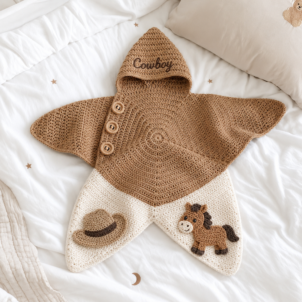 Personalized Cowboy Crochet Star Baby Cocoon – Handmade Western Newborn Swaddle