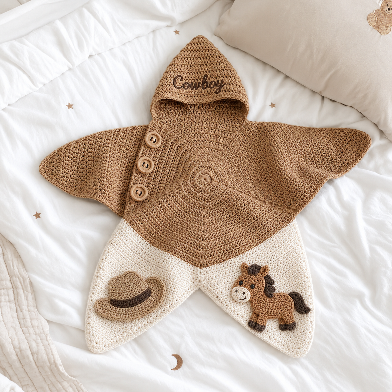 Personalized Cowboy Crochet Star Baby Cocoon – Handmade Western Newborn Swaddle