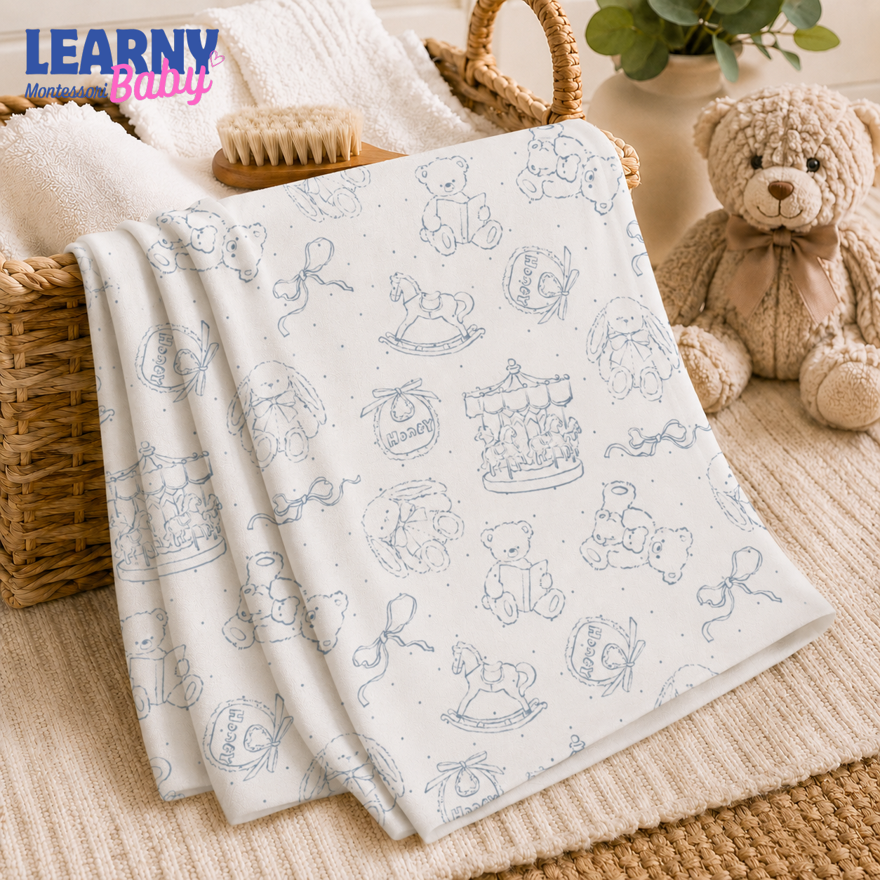 Vintage Teddy Bear Bamboo Baby Blanket, Bunny and Rocking Horse Nursery Blanket, Soft Newborn Receiving Blanket, Baby Shower Gift