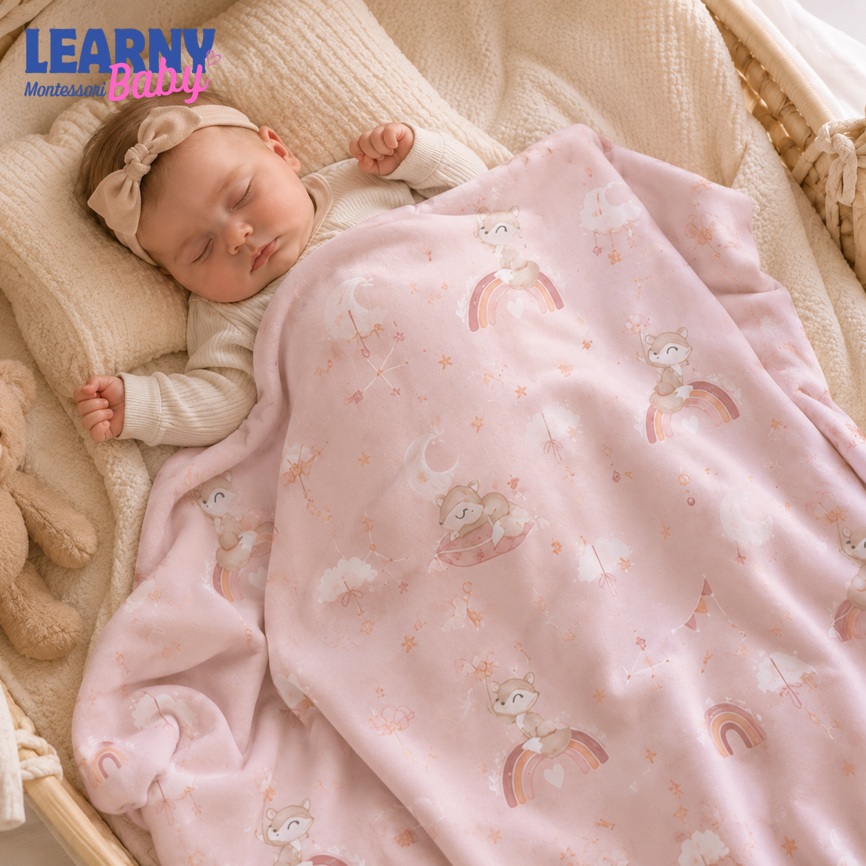 Pink Woodland Bamboo Baby Blanket, Cute Raccoon and Rainbow Nursery Blanket, Soft Baby Girl Receiving Blanket, Newborn Gift