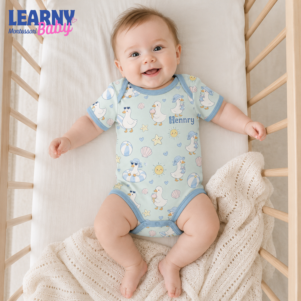 Bamboo Baby Bodysuit, Personalized Beach Duck Baby Onesie, Soft Bamboo Viscose Infant Bodysuit