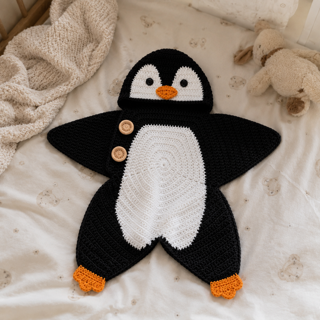 Crochet Penguin Star Baby Cocoon – Handmade Winter Baby Outfit