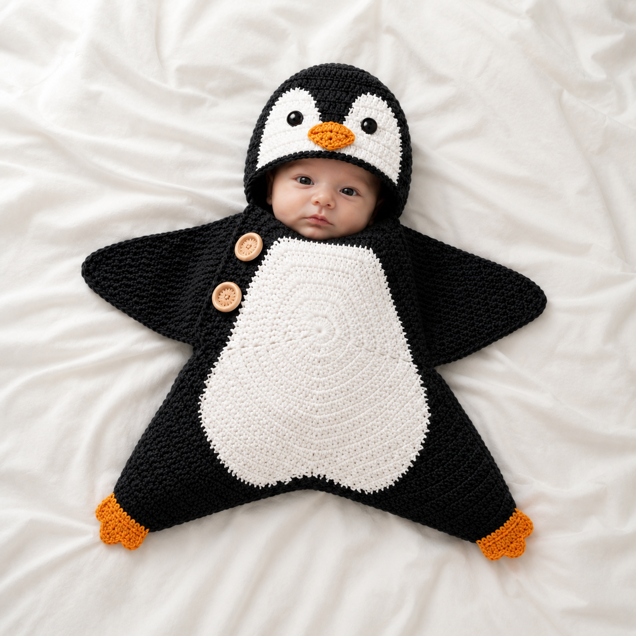 Crochet Penguin Star Baby Cocoon – Handmade Winter Baby Outfit