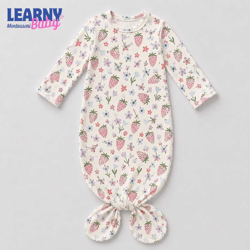 Strawberry Floral Newborn Knotted Gown, Bamboo Baby Girl Coming Home Outfit, Soft Infant Sleeper