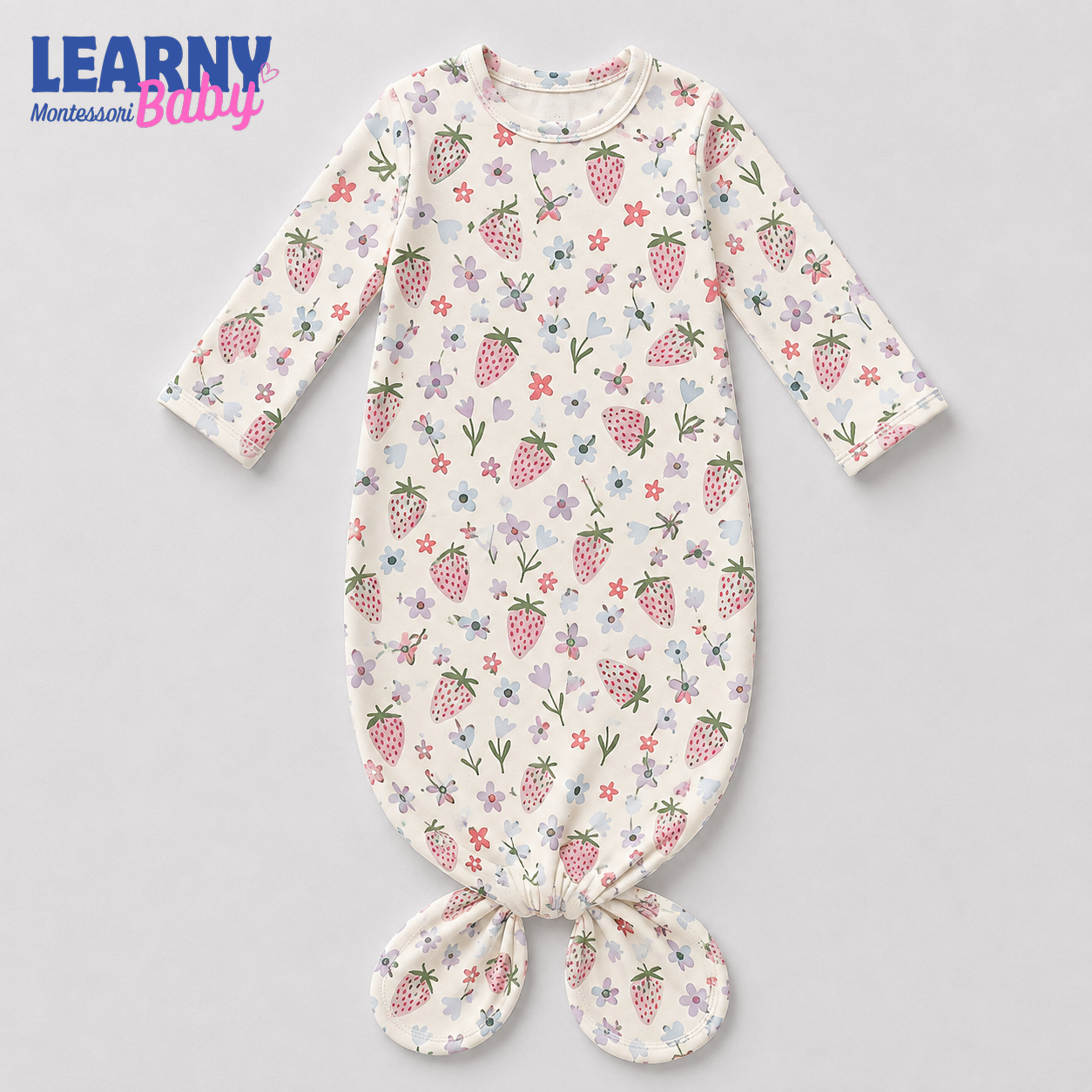 Strawberry Floral Newborn Knotted Gown, Bamboo Baby Girl Coming Home Outfit, Soft Infant Sleeper