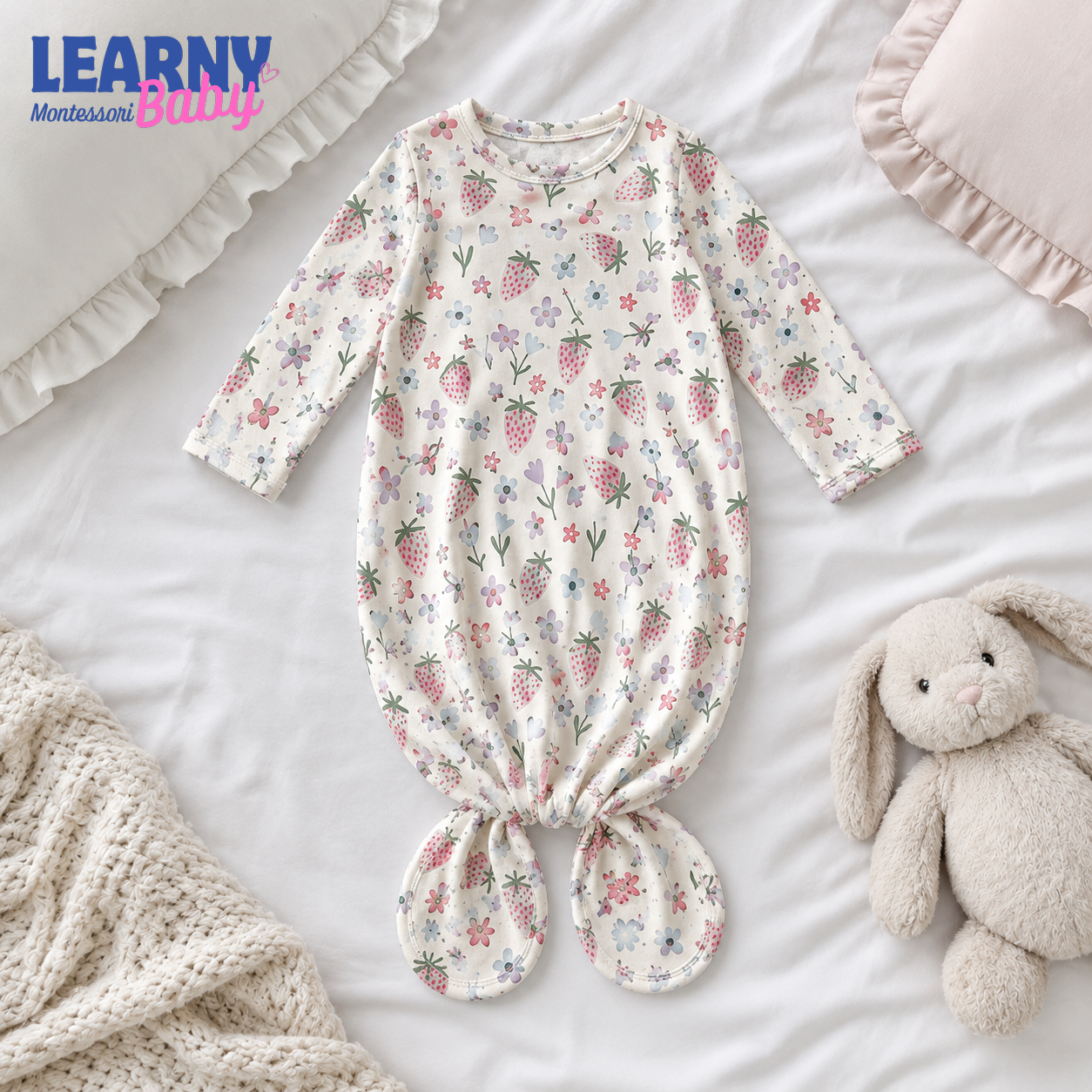 Strawberry Floral Newborn Knotted Gown, Bamboo Baby Girl Coming Home Outfit, Soft Infant Sleeper