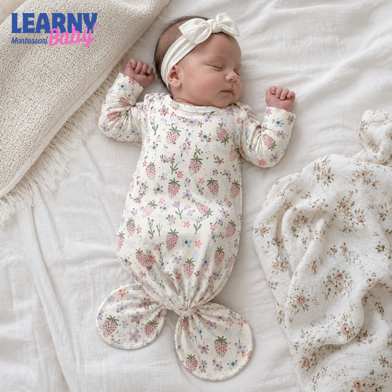 Strawberry Floral Newborn Knotted Gown, Bamboo Baby Girl Coming Home Outfit, Soft Infant Sleeper