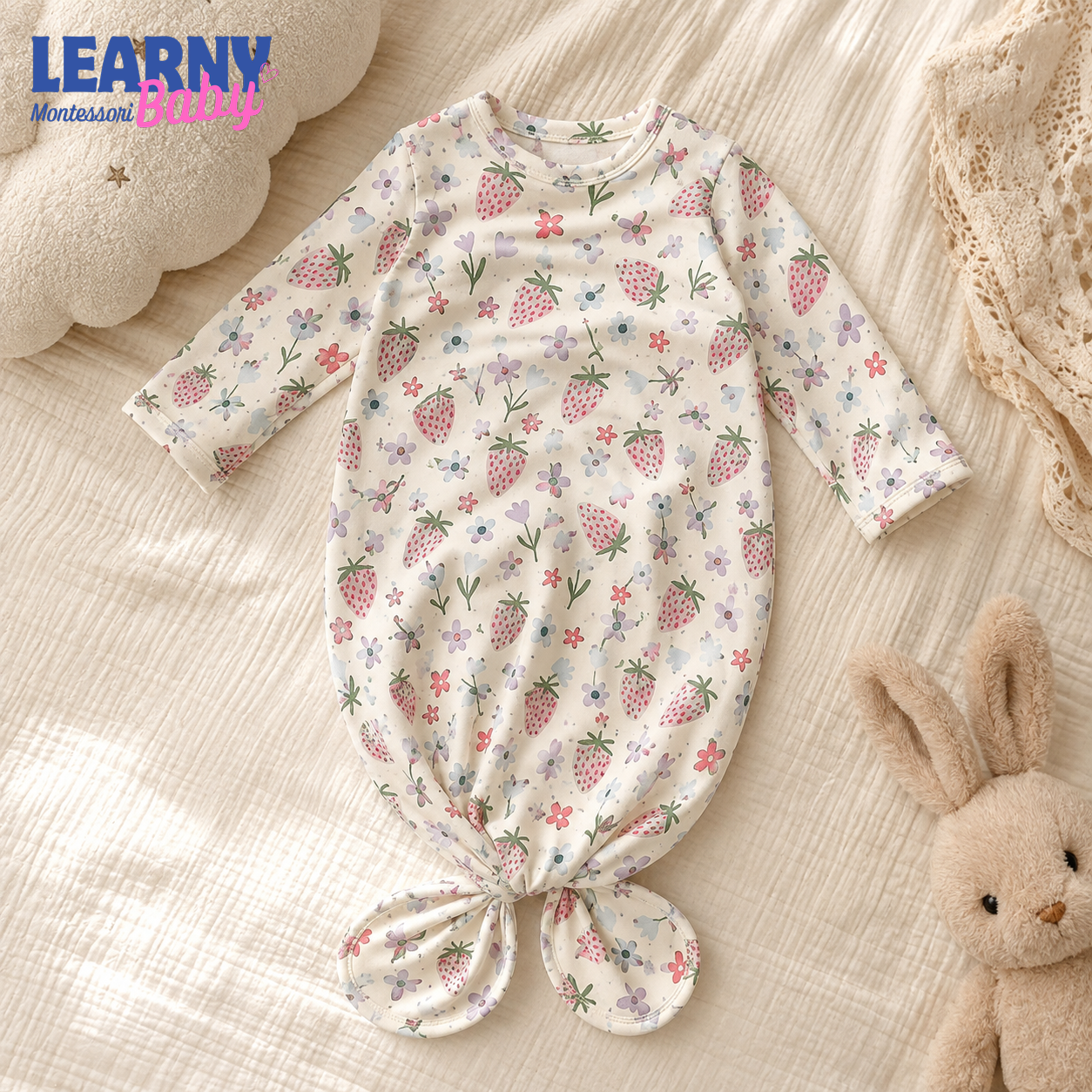 Strawberry Floral Newborn Knotted Gown, Bamboo Baby Girl Coming Home Outfit, Soft Infant Sleeper