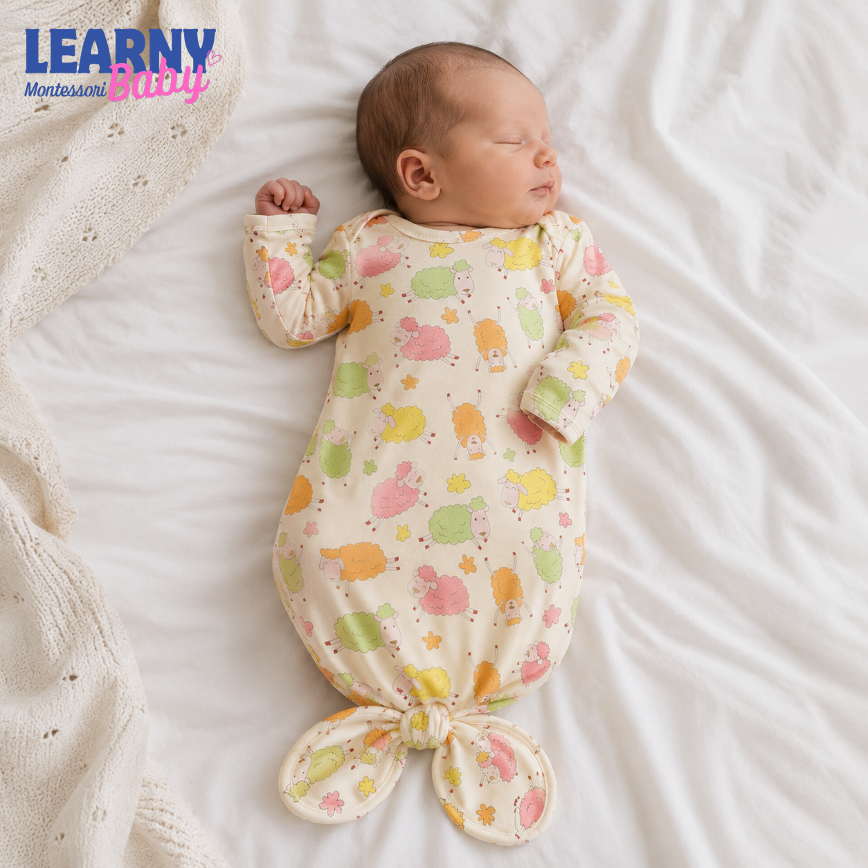 Colorful Sheep Newborn Knotted Gown, Bamboo Baby Coming Home Outfit, Soft Gender Neutral Infant Sleeper