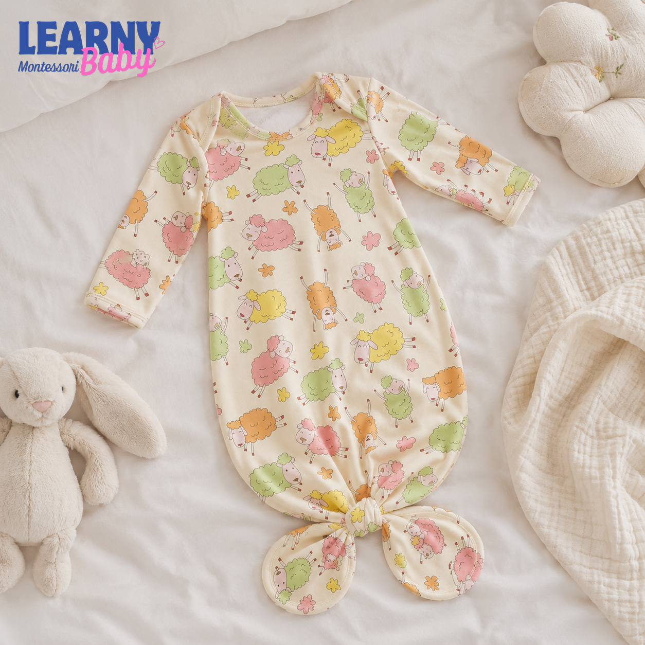 Colorful Sheep Newborn Knotted Gown, Bamboo Baby Coming Home Outfit, Soft Gender Neutral Infant Sleeper