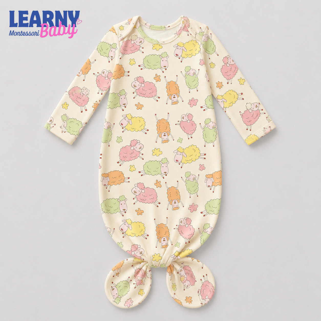 Colorful Sheep Newborn Knotted Gown, Bamboo Baby Coming Home Outfit, Soft Gender Neutral Infant Sleeper