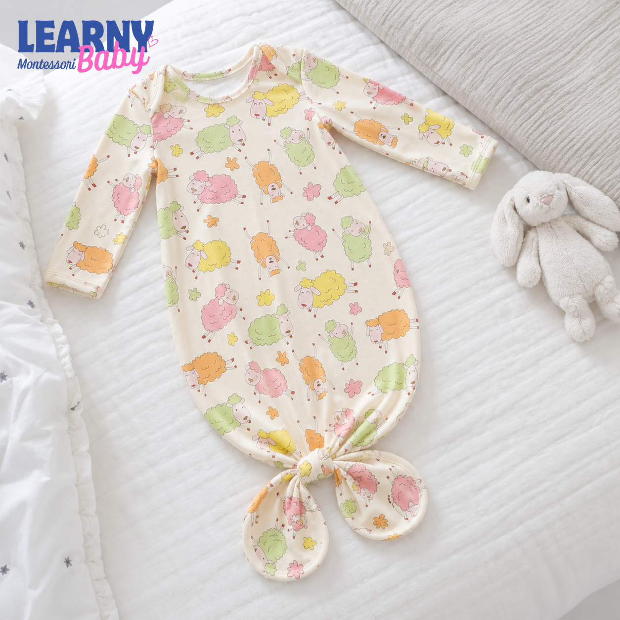 Colorful Sheep Newborn Knotted Gown, Bamboo Baby Coming Home Outfit, Soft Gender Neutral Infant Sleeper