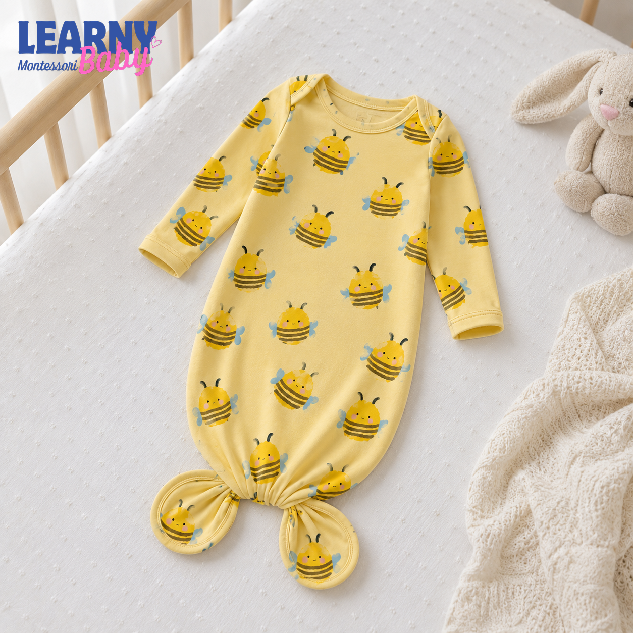 Cute Bumblebee Newborn Knotted Gown, Yellow Bamboo Baby Coming Home Outfit, Gender Neutral Infant Sleeper