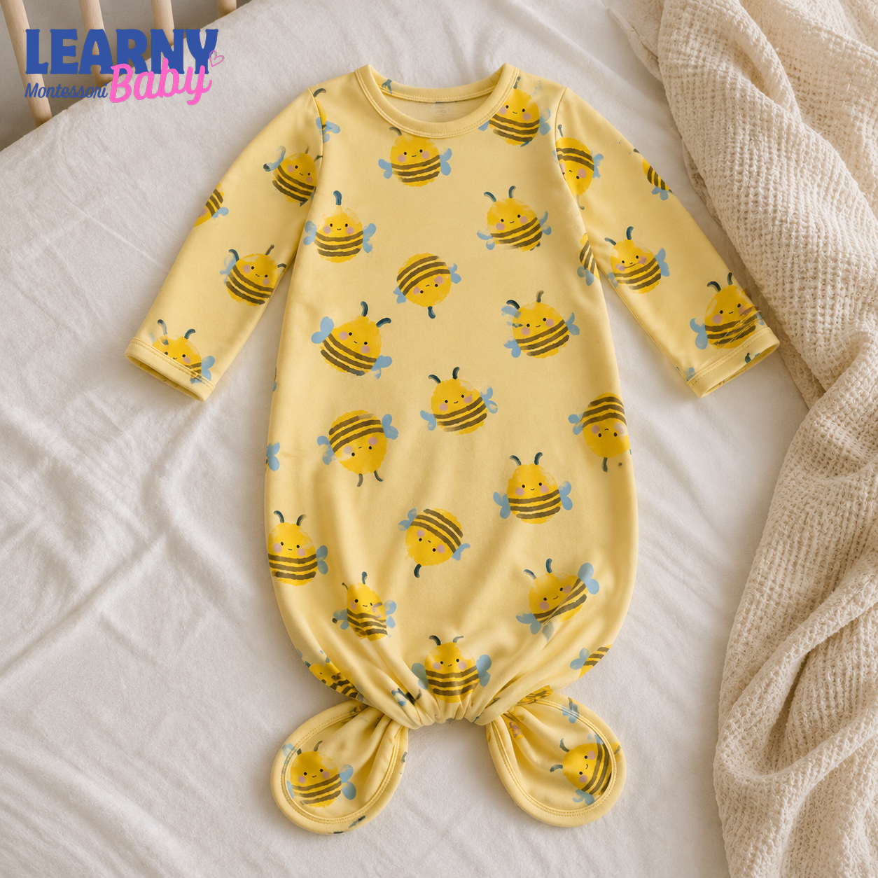 Cute Bumblebee Newborn Knotted Gown, Yellow Bamboo Baby Coming Home Outfit, Gender Neutral Infant Sleeper