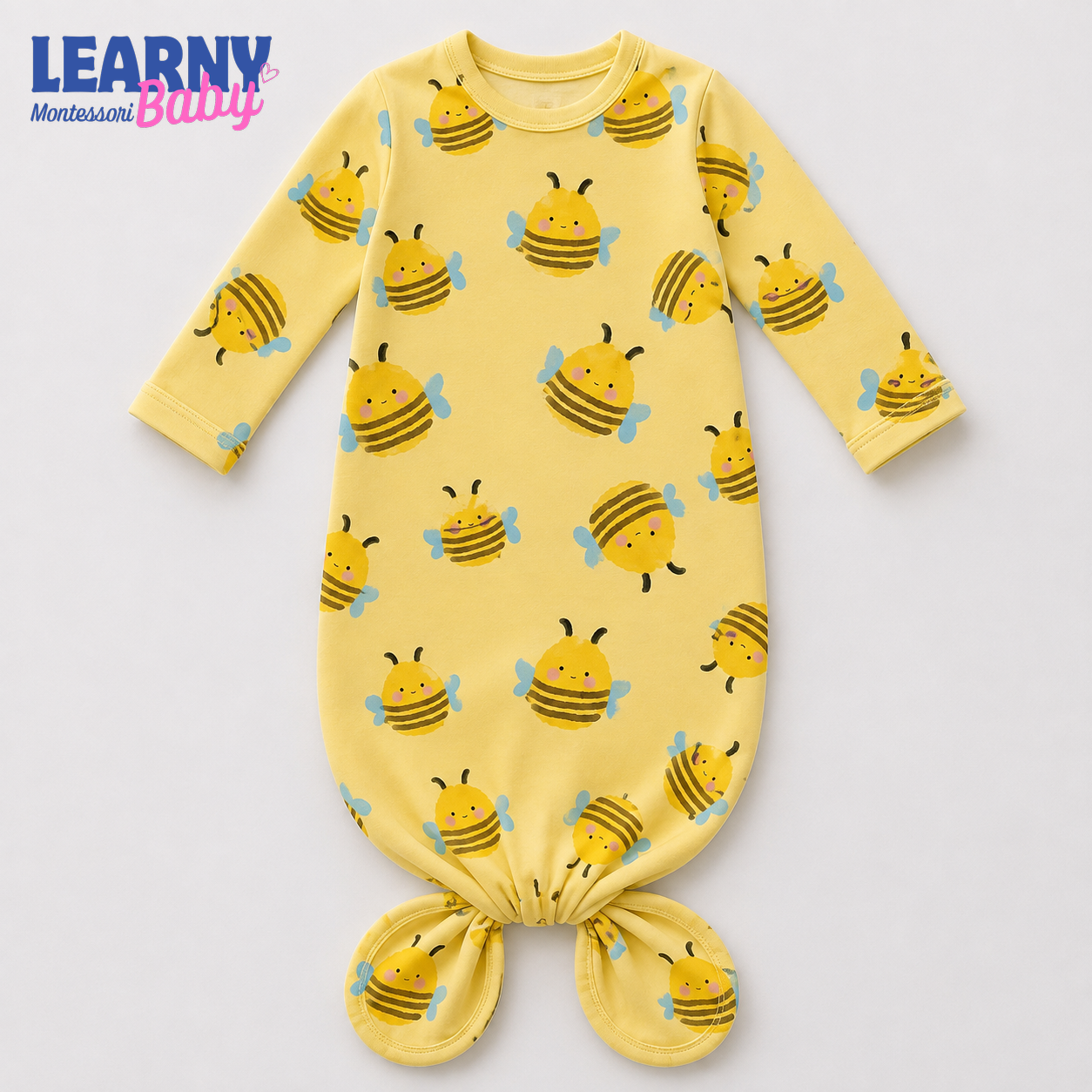 Cute Bumblebee Newborn Knotted Gown, Yellow Bamboo Baby Coming Home Outfit, Gender Neutral Infant Sleeper