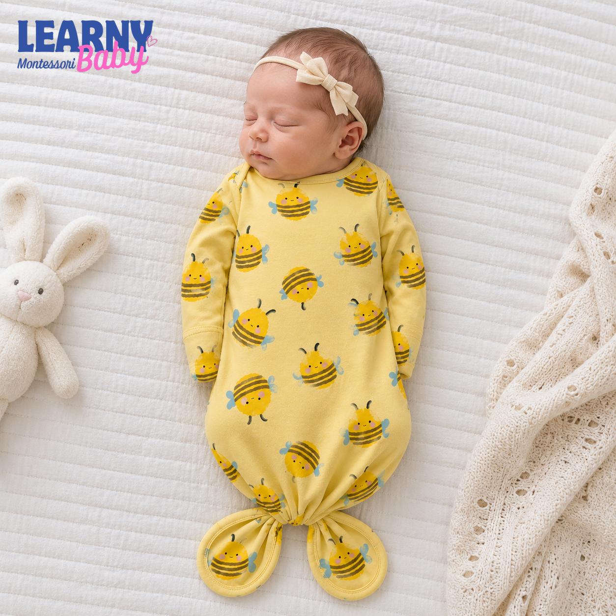 Cute Bumblebee Newborn Knotted Gown, Yellow Bamboo Baby Coming Home Outfit, Gender Neutral Infant Sleeper