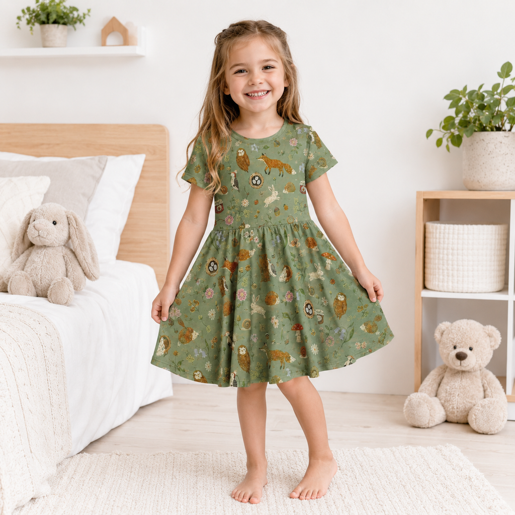 Woodland Animals Bamboo Twirl Dress, Soft Forest Fox Bunny Owl Short Sleeve Dress for Toddlers