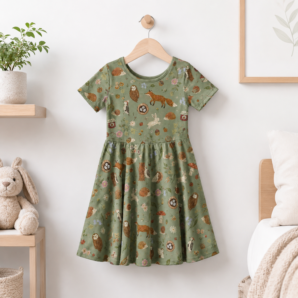 Woodland Animals Bamboo Twirl Dress, Soft Forest Fox Bunny Owl Short Sleeve Dress for Toddlers