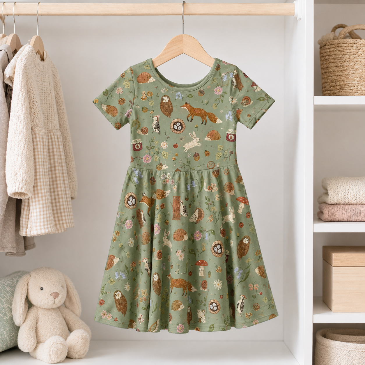 Woodland Animals Bamboo Twirl Dress, Soft Forest Fox Bunny Owl Short Sleeve Dress for Toddlers